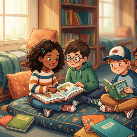 Four children sitting on cushions reading books in a library