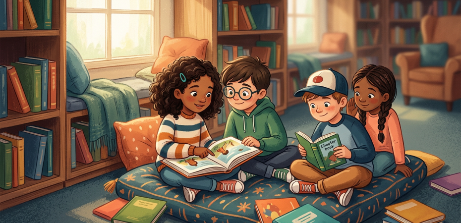 Four children sitting on cushions reading books in a library