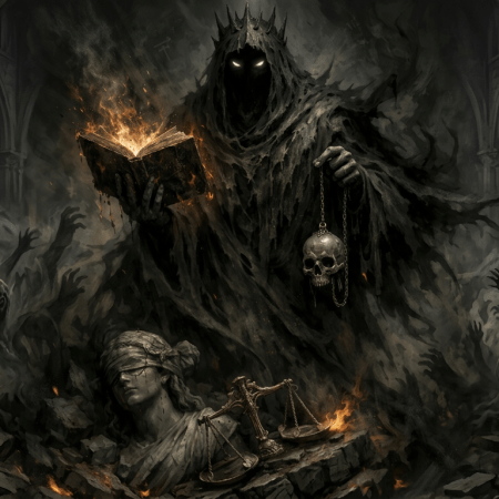 Shadowy figure holding a burning book and a skull, statue of blindfolded lady justice and scales in foreground