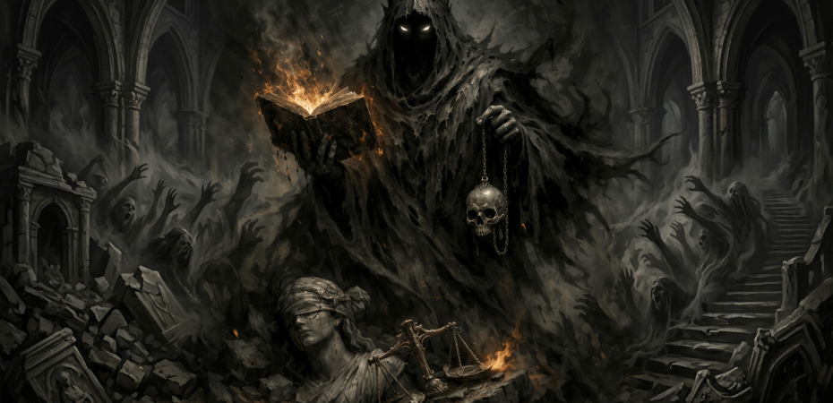 Shadowy figure holding a burning book and a skull, statue of blindfolded lady justice and scales in foreground