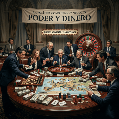 Politicians around a table playing a game of power, money, votes, and influence
