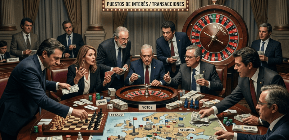 Politicians around a table playing a game of power, money, votes, and influence