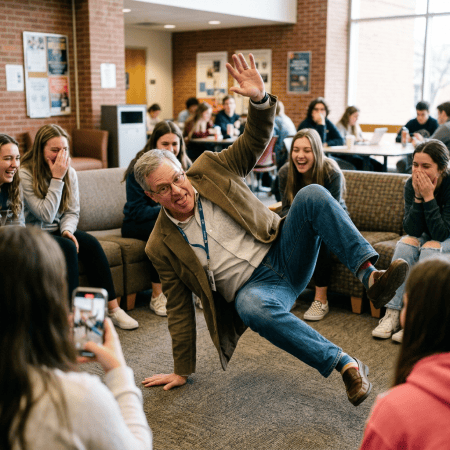 Man posing playfully while a group of people laughs around him