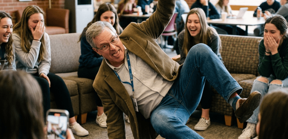 Man posing playfully while a group of people laughs around him