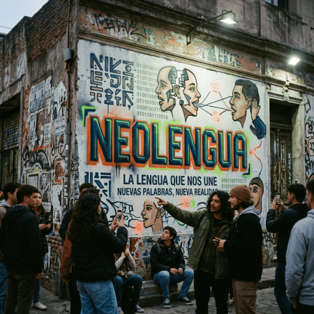 People viewing a mural reading “NEOLENGUA: LA LENGUA QUE NOS UNE; NUEVAS PALABRAS, NUEVA REALIDAD.”
