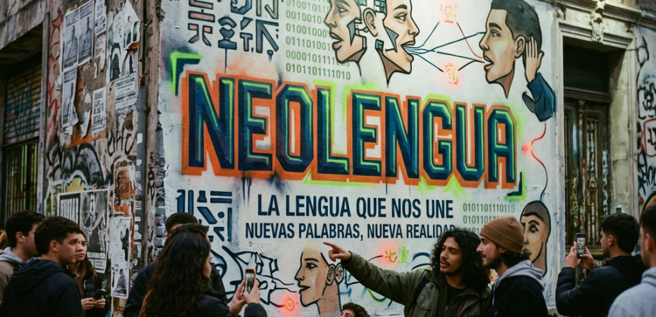 People viewing a mural reading “NEOLENGUA: LA LENGUA QUE NOS UNE; NUEVAS PALABRAS, NUEVA REALIDAD.”