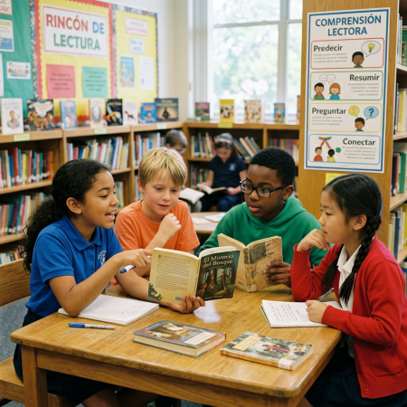 Four students discuss a Spanish-language book at a classroom library table