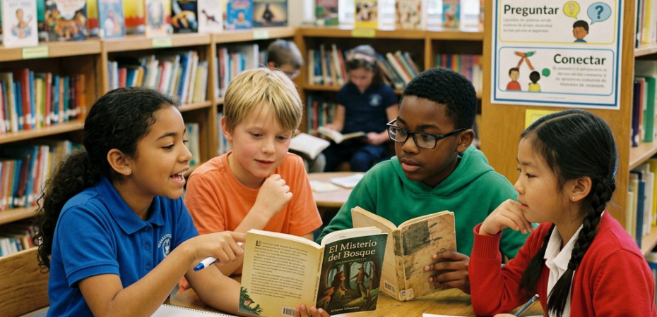 Four students discuss a Spanish-language book at a classroom library table