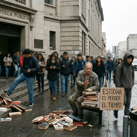 Crowd outside Biblioteca Pública amid discarded books and signs reading “BASURA” and “ESTUDIAR ES PERDER EL TIEMPO”