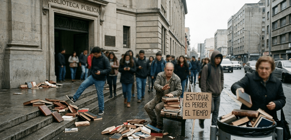 Crowd outside Biblioteca Pública amid discarded books and signs reading “BASURA” and “ESTUDIAR ES PERDER EL TIEMPO”