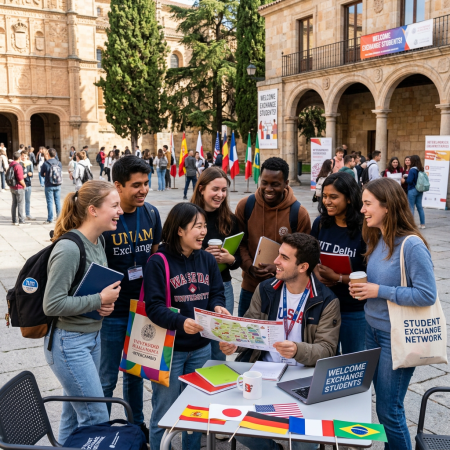 International students gather around flags and a welcome table