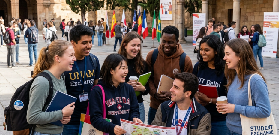 International students gather around flags and a welcome table