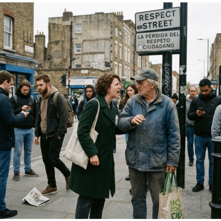 Two pedestrians talking beneath bilingual Respect Street and Spanish civic respect signs