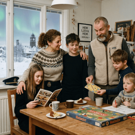 Family gathered around a table playing games, drawing, and reading