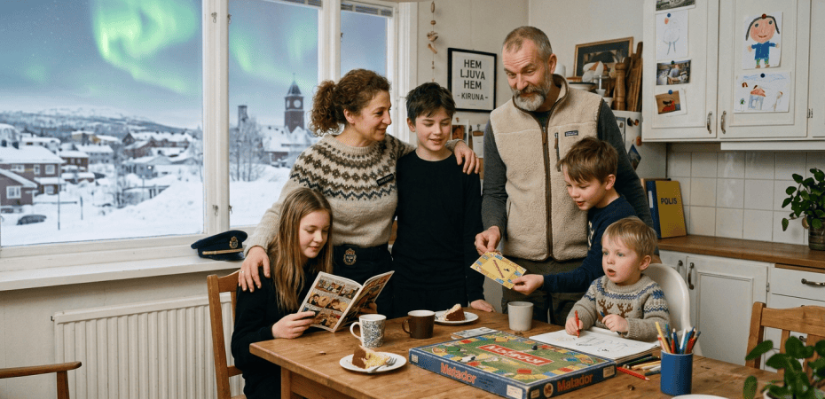 Family gathered around a table playing games, drawing, and reading